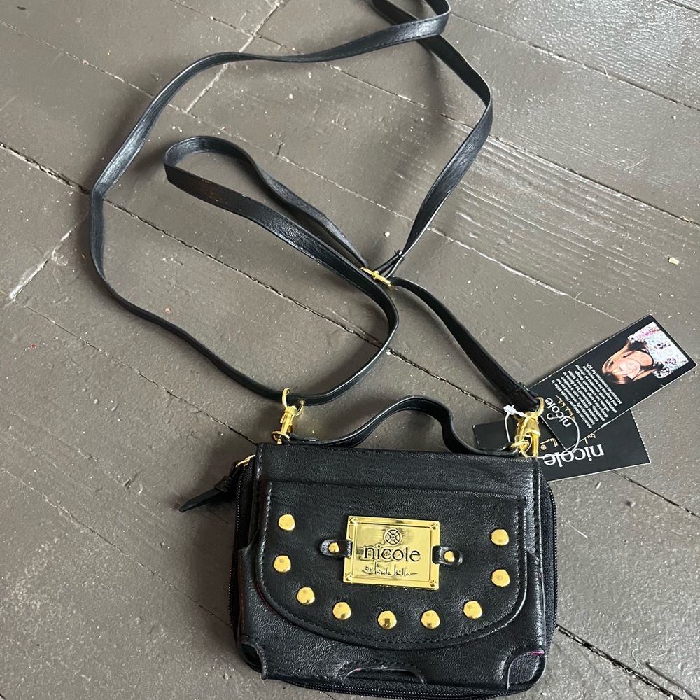 Nicole Miller Black Crossbody Bag With Removable Strap And Gold Embellishments